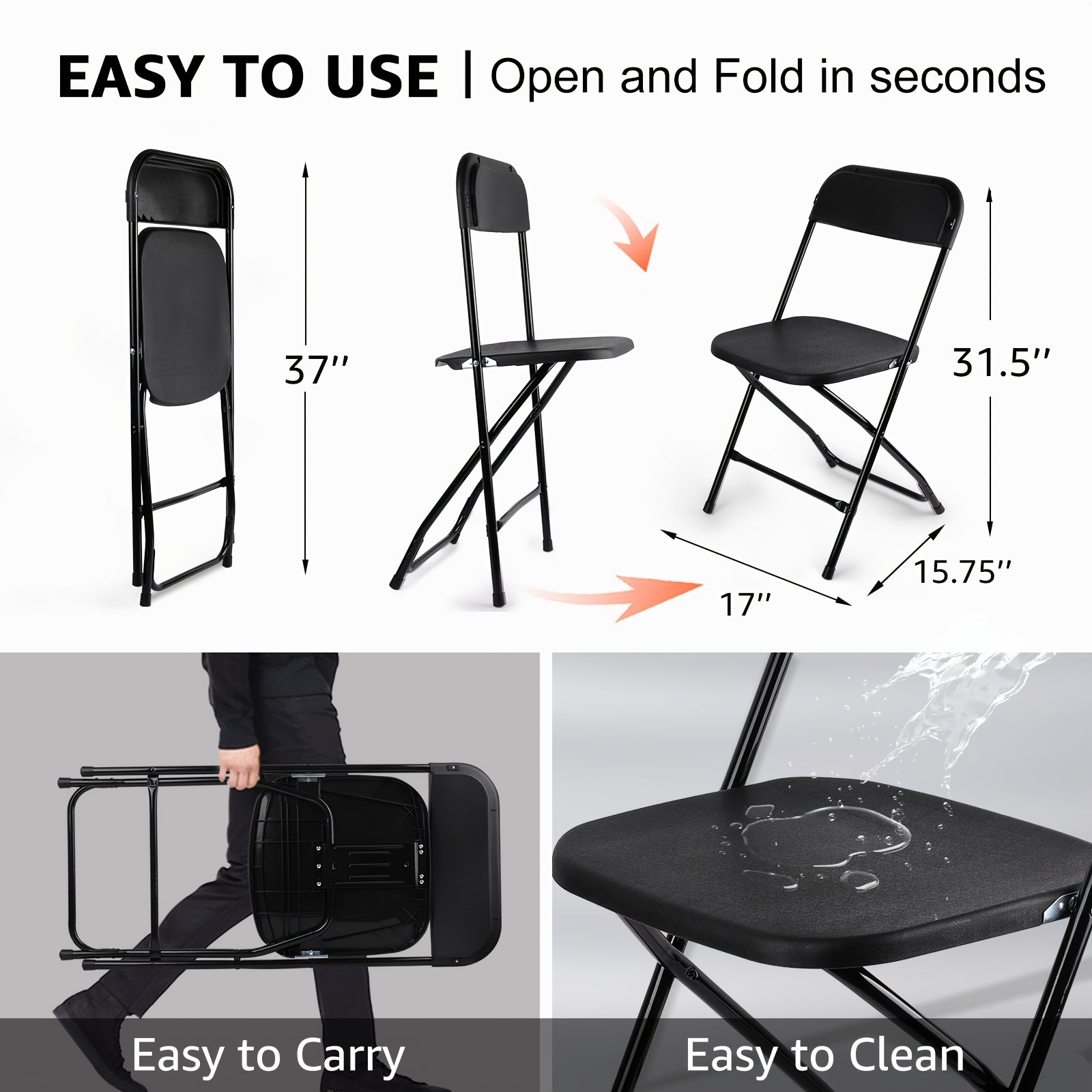 Commercial Folding Chairs, 400lbs Capacity Steel Frame Plastic Chair for Indoor Outdoor, Stackable Plastic Chairs for Wedding, Party, Office