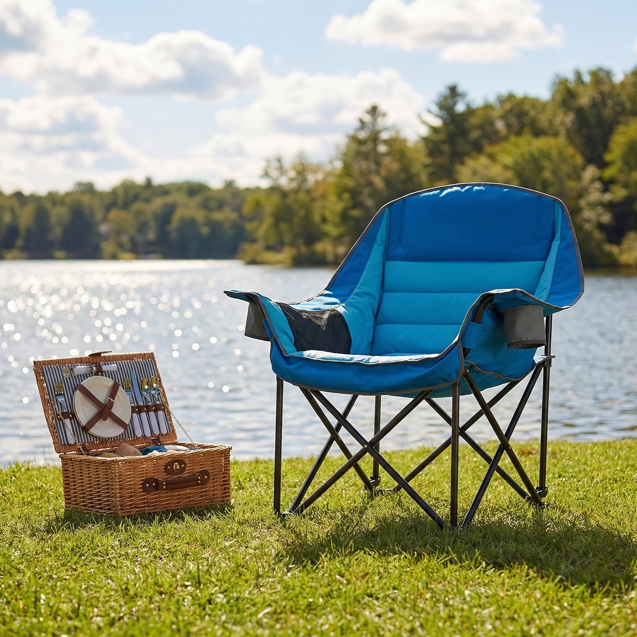 Heavy Duty Oversized Portable Folding Chair Suitable for Adults - XXL Capacity Camping Chair with Cup Holder & Side Pockets, 450lbs Weight Capacity