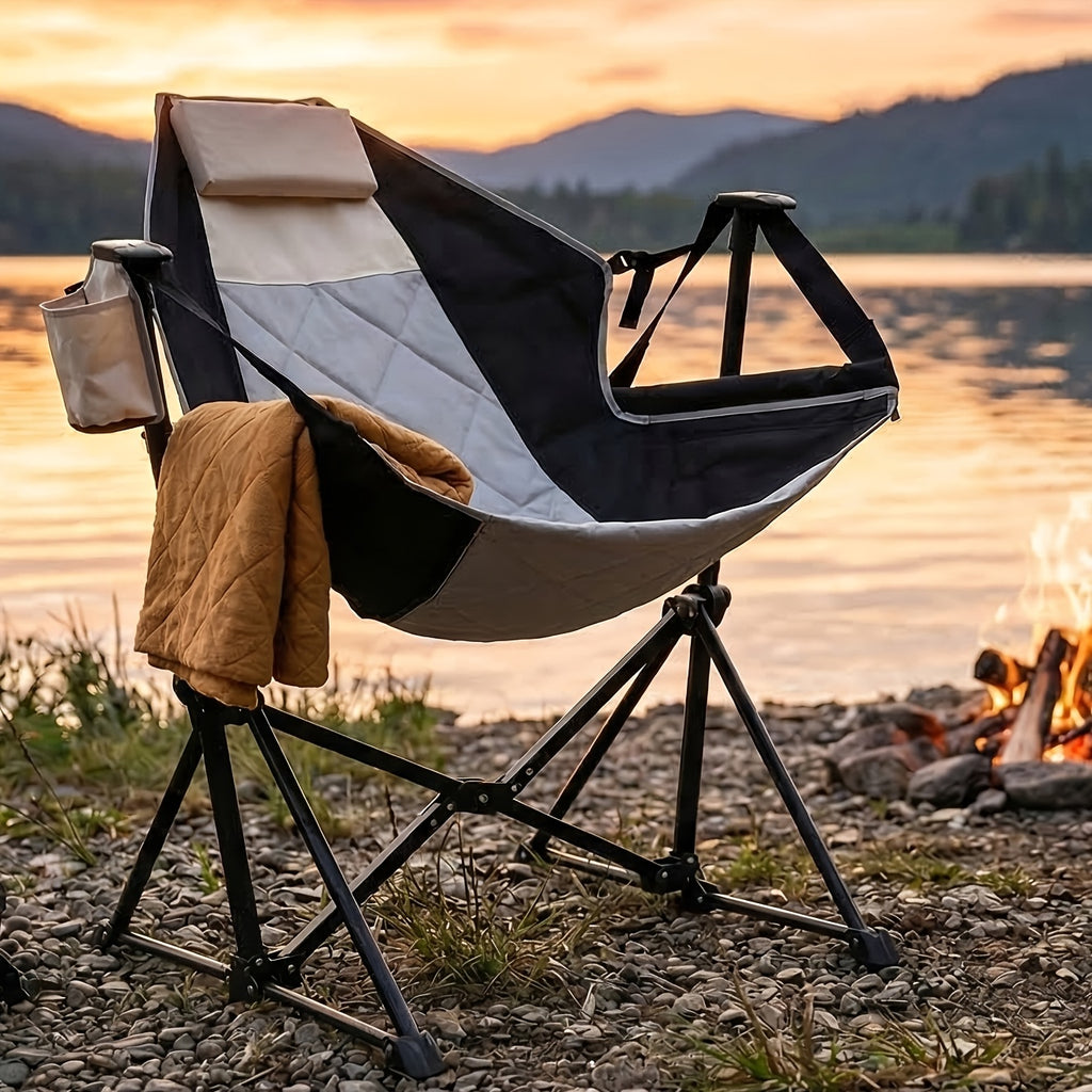 2 Rocking Camping Chairs with Cup Holders, Hammock Chair, Folding Rocking Chair, Outdoor Lounge Chair, Portable Fishing Chair, Patio Leisure Chair