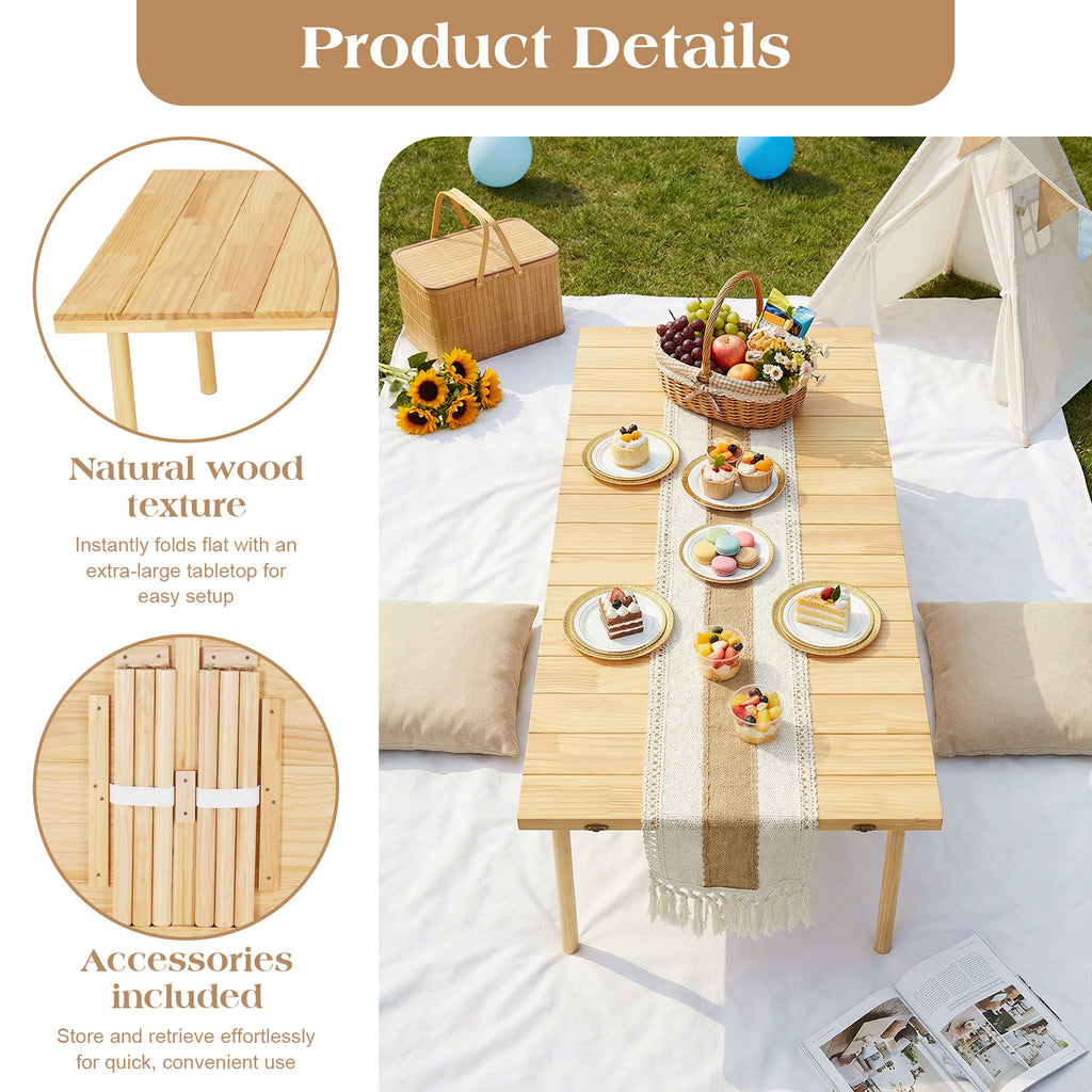 Foldable Camping Table 60X30 Inch Portable Boho Low Picnic Table with Runner for Camping, Party& Tailgating, 2 Height Adjustable, Indoor\u002FOutdoor Use