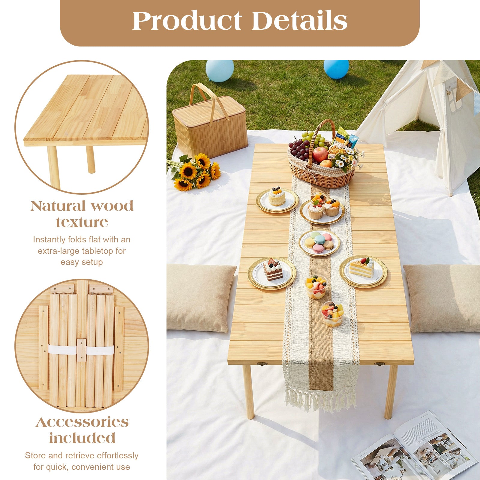 Foldable Camping Table 60X30 Inch Portable Boho Low Picnic Table with Runner for Camping, Party& Tailgating, 2 Height Adjustable, Indoor\u002FOutdoor Use