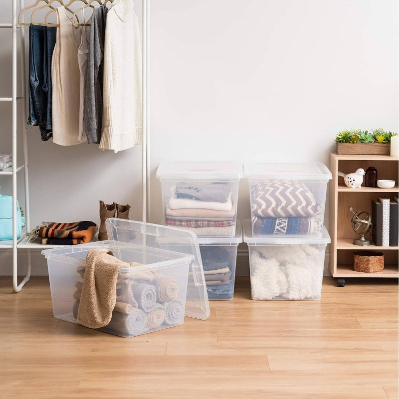 4 - Pack Storage Bins with Lids, 58 Quart, Stackable Containers Box Organize Shoes Closet Shelves Clothes Blankets Towels - BPA - Plastic, Storage Boxes for Organizing