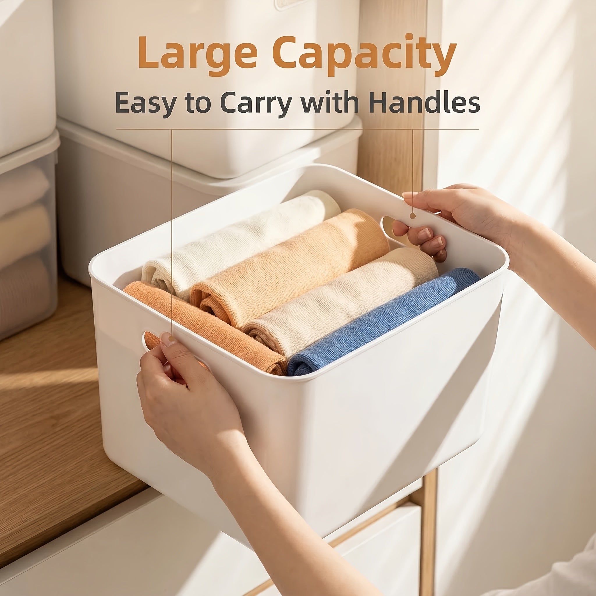 Large PP Storage Box with Comfort Grip Handle, 13.39×9.45×7.87 in White Plastic Organizer Bin, Stackable Container for Clothes, Books, Files, Bedroom, Office, Playroom, Kitchen Storage Solution