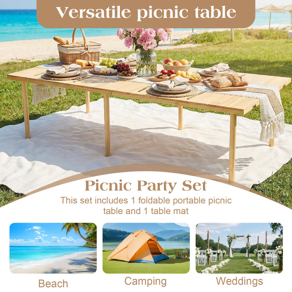 Foldable Camping Table 60X30 Inch Portable Boho Low Picnic Table with Runner for Camping, Party& Tailgating, 2 Height Adjustable, Indoor\u002FOutdoor Use