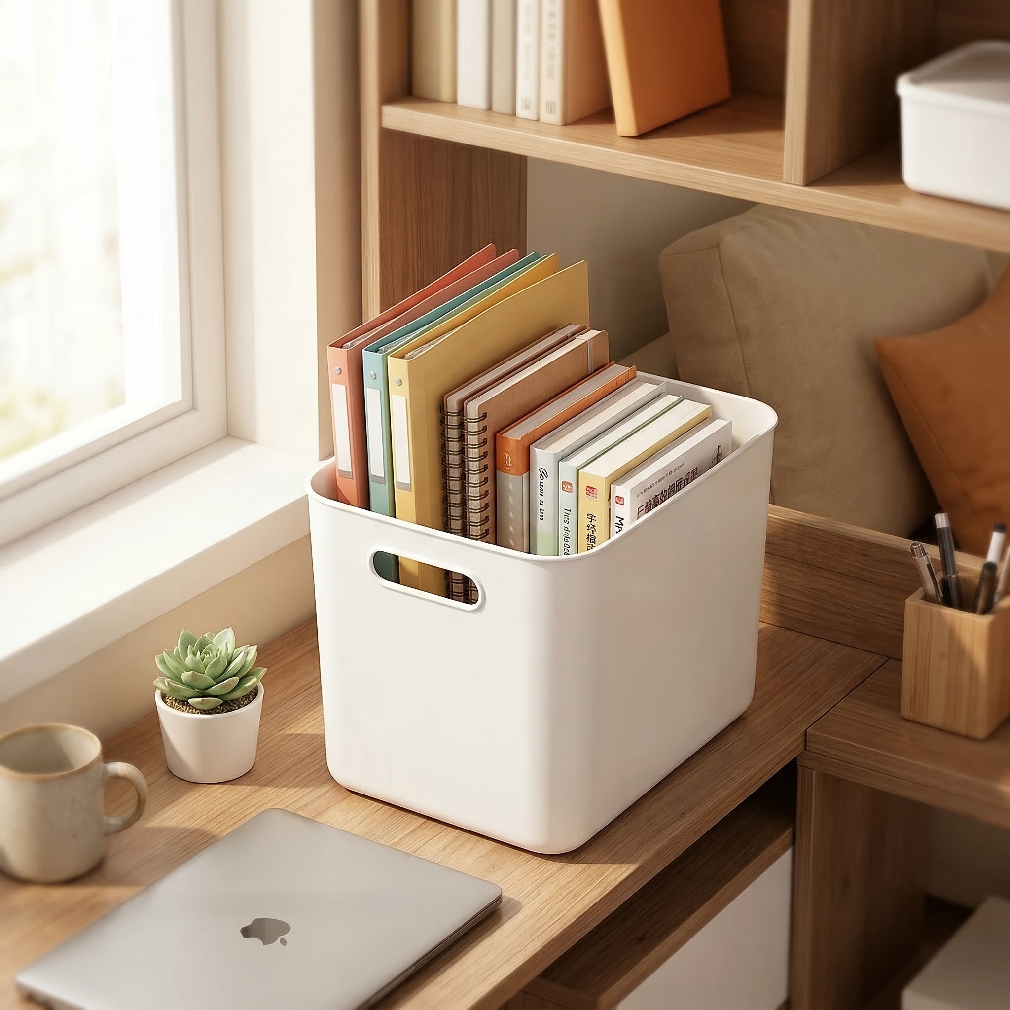 Large PP Storage Box with Comfort Grip Handle, 13.39×9.45×7.87 in White Plastic Organizer Bin, Stackable Container for Clothes, Books, Files, Bedroom, Office, Playroom, Kitchen Storage Solution