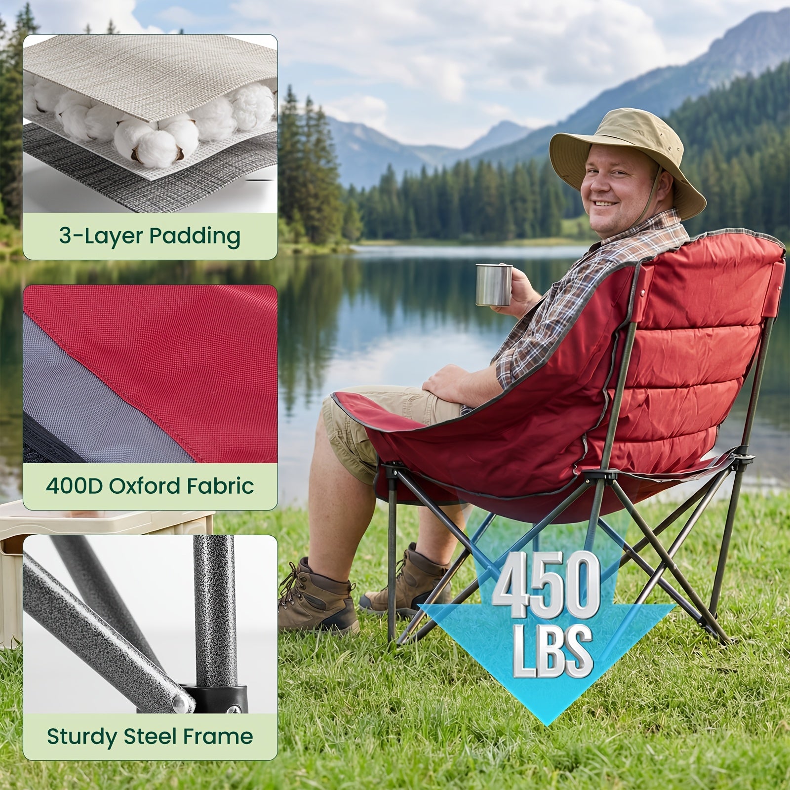 Large Size Portable Folding Heavy-Duty Camping Chair with Side Cup Holder Storage Bag, Sturdy And Durable Outdoor Fishing Sports Travel Chair