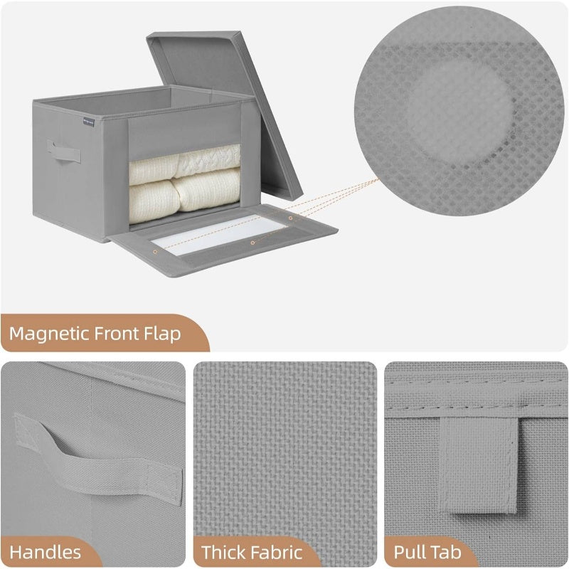 Set of 2 Storage Bins Featuring a Window, 17.44gal Stackable Containers with Lids, Collapsible Design, Stylish Closet Organizer, Fabric Cube Basket in Gray, Medium Size, Storage Boxes for Organizing