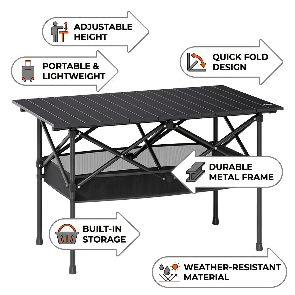 Outdoor Camping Adjustable Folding Table, Portable Ultra-Light Black Egg Roll Table, Available In Two Sizes, X-Shaped Stable Frame with Mesh Storage Pocket, Essential for Picnics, Barbecues, Can Be Used As Holiday Gift, Outdoor Must-Have