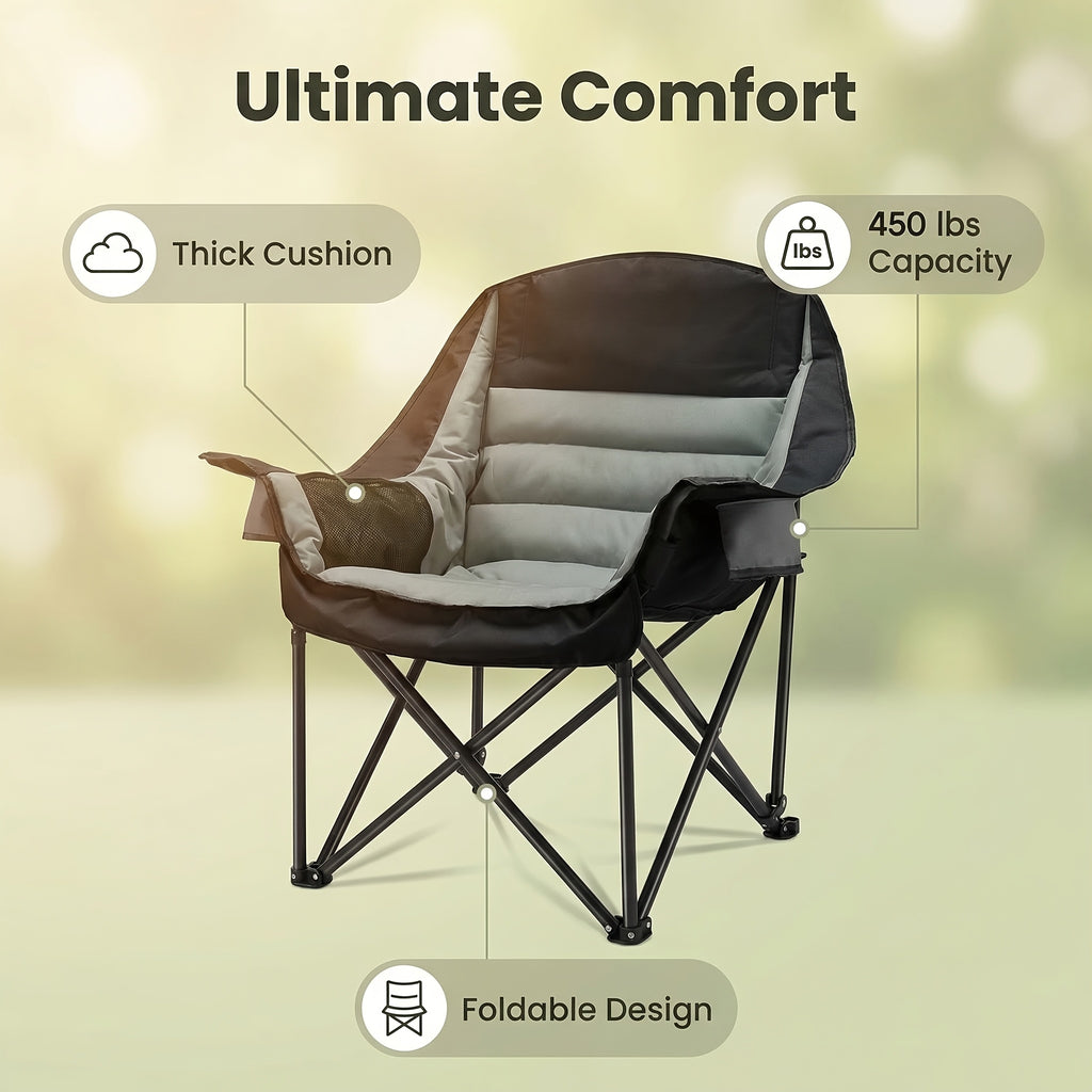 Heavy Duty Oversized Portable Folding Chair Suitable for Adults - XXL Capacity Camping Chair with Cup Holder & Side Pockets, 450lbs Weight Capacity