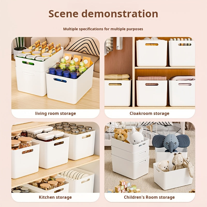 Large PP Storage Box with Comfort Grip Handle, 13.39×9.45×7.87 in White Plastic Organizer Bin, Stackable Container for Clothes, Books, Files, Bedroom, Office, Playroom, Kitchen Storage Solution