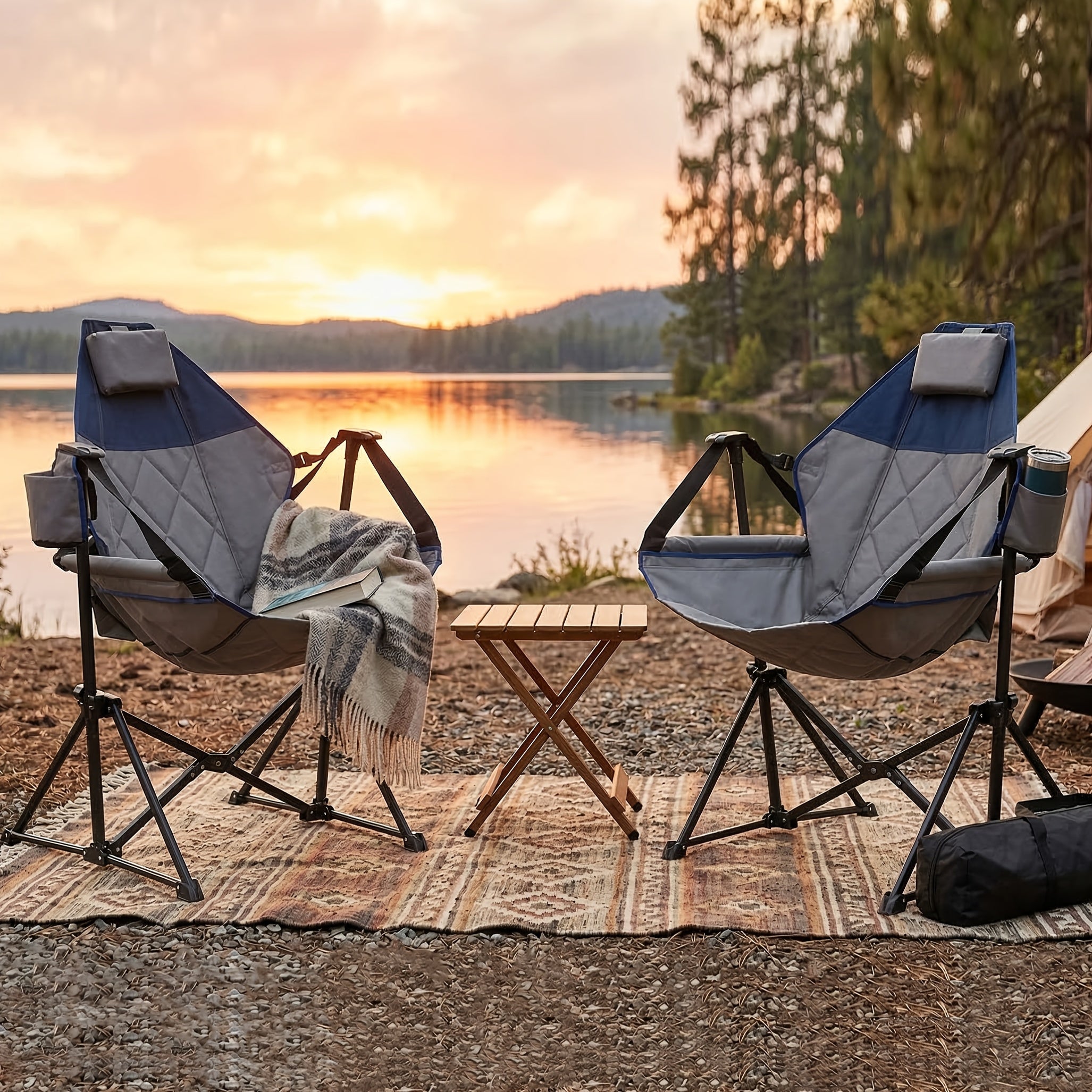 2 Rocking Camping Chairs with Cup Holders, Hammock Chair, Folding Rocking Chair, Outdoor Lounge Chair, Portable Fishing Chair, Patio Leisure Chair