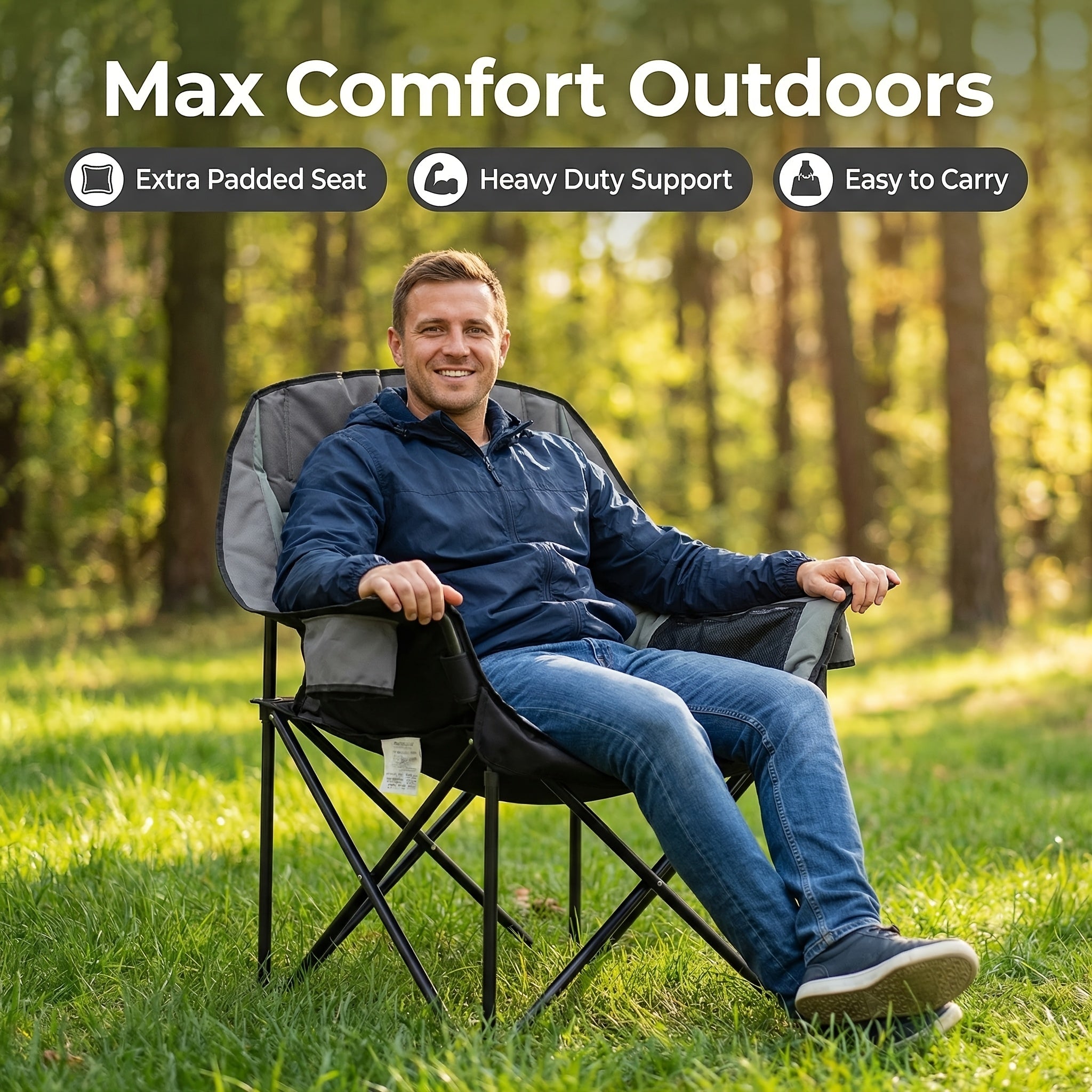 Heavy Duty Oversized Portable Folding Chair Suitable for Adults - XXL Capacity Camping Chair with Cup Holder & Side Pockets, 450lbs Weight Capacity