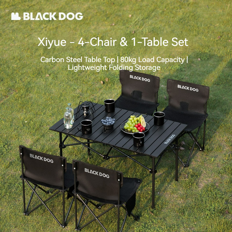 BLACK DOG 5pcs Outdoor Camping Table and Chair Set, Foldable Egg Roll Table and Portable Camping Folding Picnic Chairs, Suitable for Picnics, Fishing, Camping Equipment and Accessories, Portable Camping Table