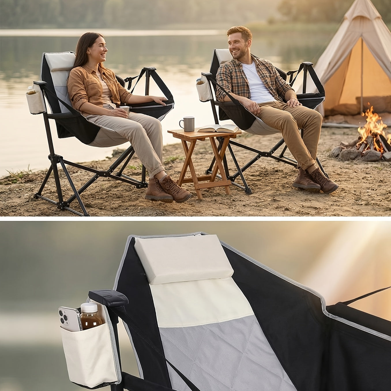 2 Rocking Camping Chairs with Cup Holders, Hammock Chair, Folding Rocking Chair, Outdoor Lounge Chair, Portable Fishing Chair, Patio Leisure Chair