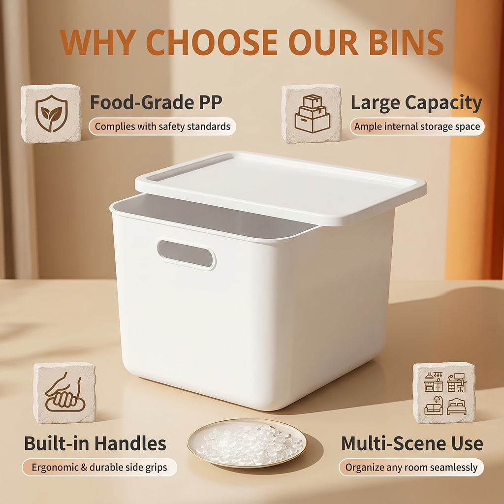 Large PP Storage Box with Comfort Grip Handle, 13.39×9.45×7.87 in White Plastic Organizer Bin, Stackable Container for Clothes, Books, Files, Bedroom, Office, Playroom, Kitchen Storage Solution