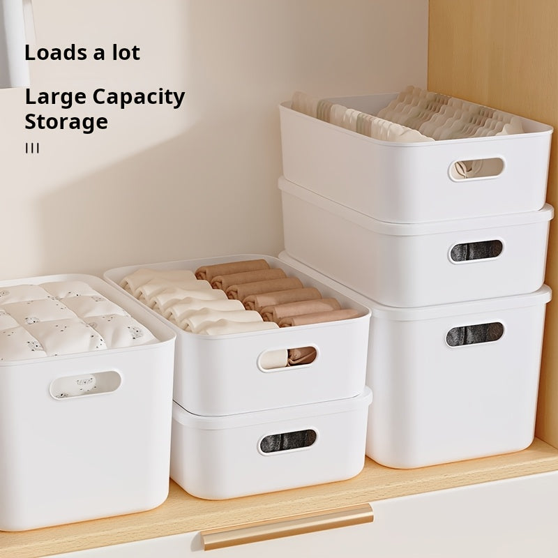 Large PP Storage Box with Comfort Grip Handle, 13.39×9.45×7.87 in White Plastic Organizer Bin, Stackable Container for Clothes, Books, Files, Bedroom, Office, Playroom, Kitchen Storage Solution