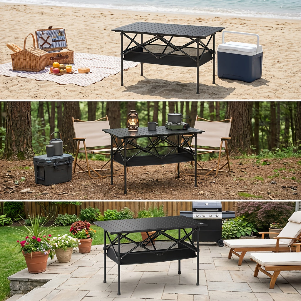 Outdoor Camping Adjustable Folding Table, Portable Ultra-Light Black Egg Roll Table, Available In Two Sizes, X-Shaped Stable Frame with Mesh Storage Pocket, Essential for Picnics, Barbecues, Can Be Used As Holiday Gift, Outdoor Must-Have