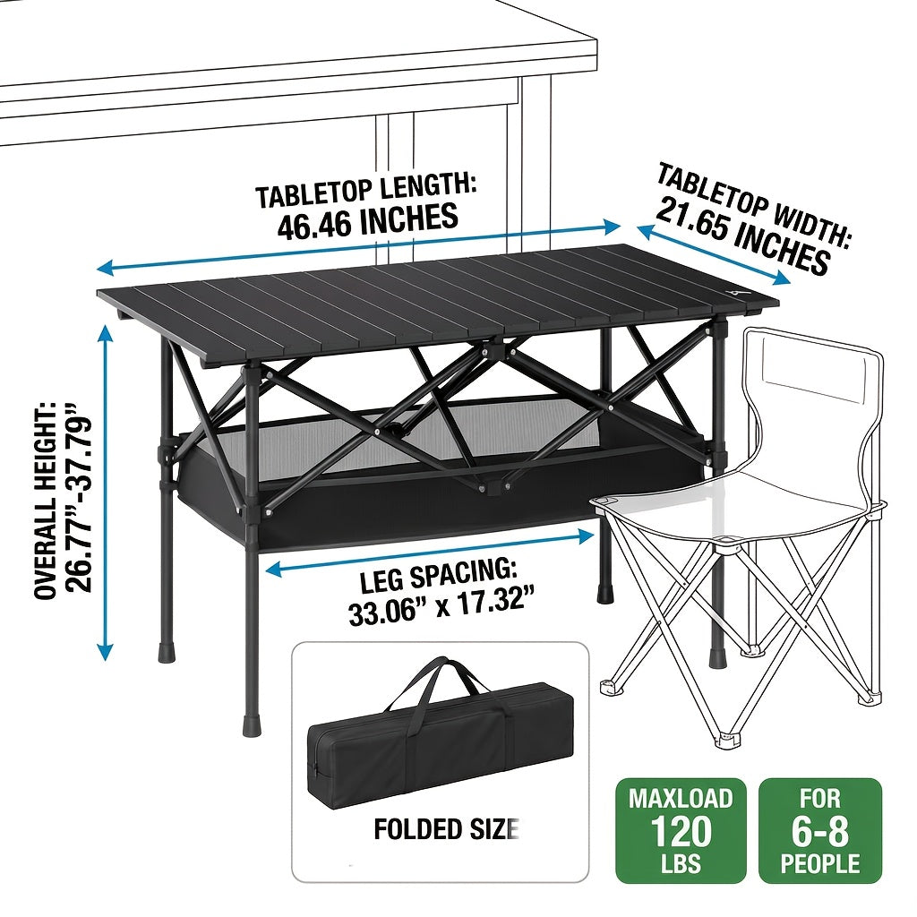 Outdoor Camping Adjustable Folding Table, Portable Ultra-Light Black Egg Roll Table, Available In Two Sizes, X-Shaped Stable Frame with Mesh Storage Pocket, Essential for Picnics, Barbecues, Can Be Used As Holiday Gift, Outdoor Must-Have