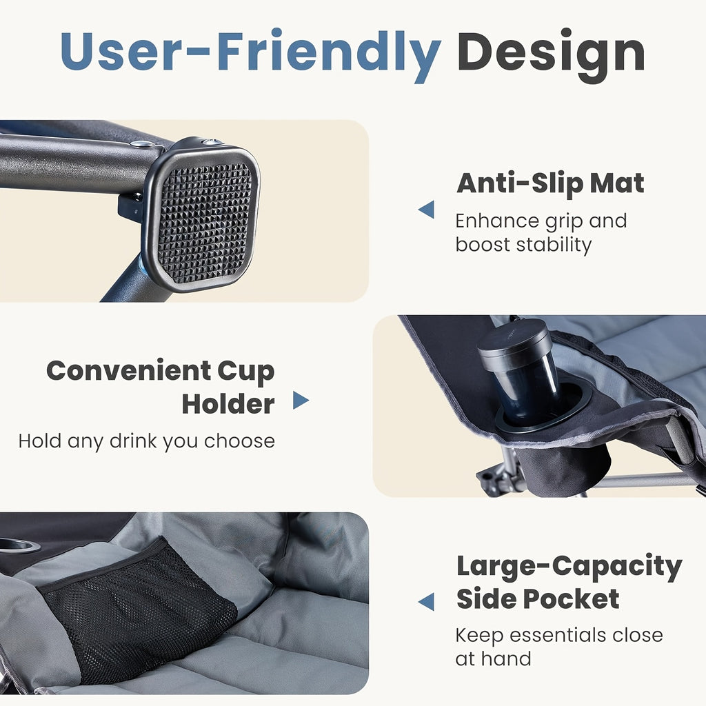 Heavy Duty Oversized Portable Folding Chair Suitable for Adults - XXL Capacity Camping Chair with Cup Holder & Side Pockets, 450lbs Weight Capacity