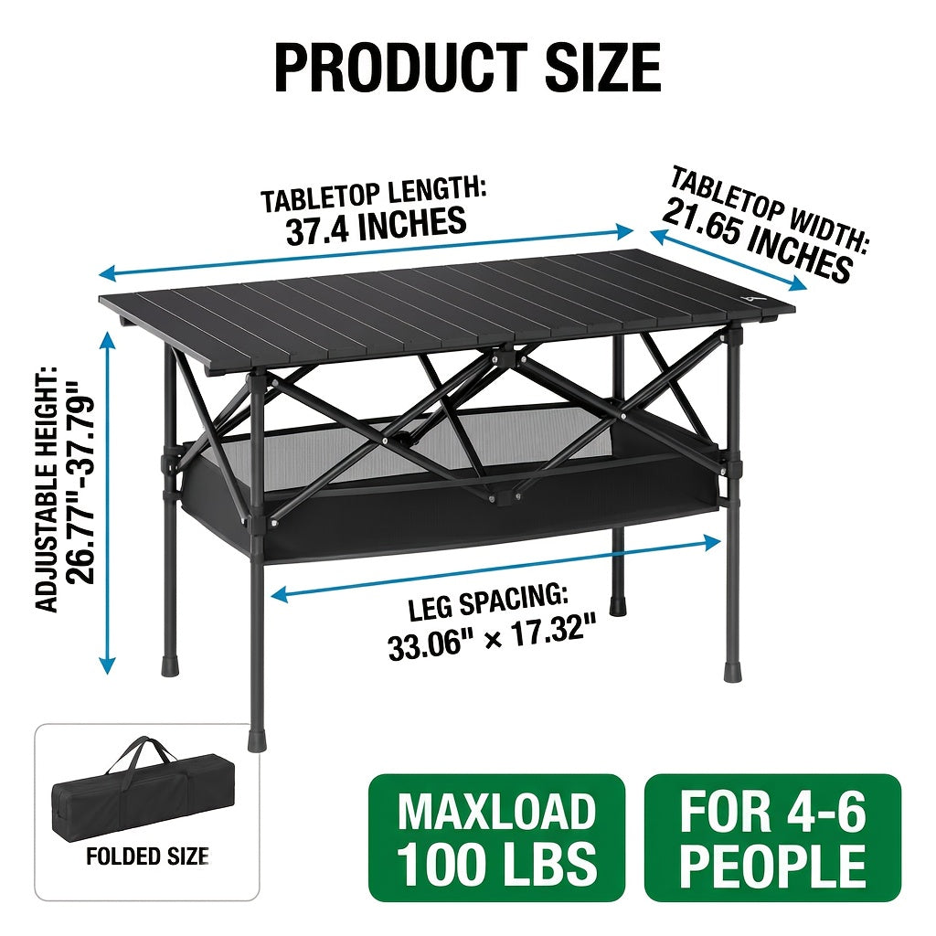 Outdoor Camping Adjustable Folding Table, Portable Ultra-Light Black Egg Roll Table, Available In Two Sizes, X-Shaped Stable Frame with Mesh Storage Pocket, Essential for Picnics, Barbecues, Can Be Used As Holiday Gift, Outdoor Must-Have