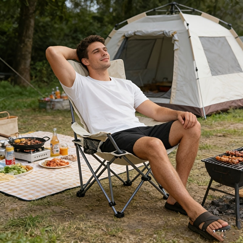 White Portable Outdoor Folding Chair - Essential Fishing Stool with Reinforced Tubing, Non-Slip Feet, Heavy Duty Support, Comfortable for Long Sitting