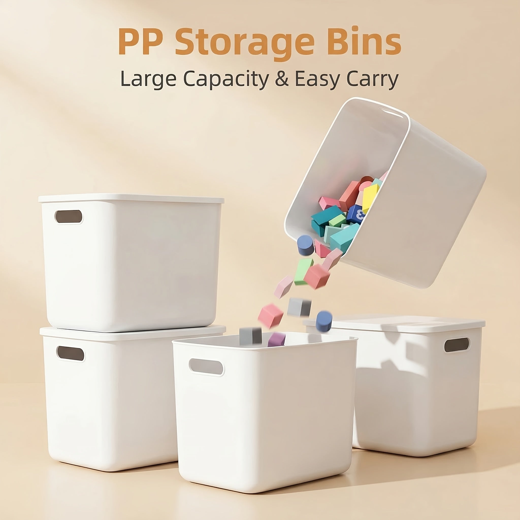 Large PP Storage Box with Comfort Grip Handle, 13.39×9.45×7.87 in White Plastic Organizer Bin, Stackable Container for Clothes, Books, Files, Bedroom, Office, Playroom, Kitchen Storage Solution