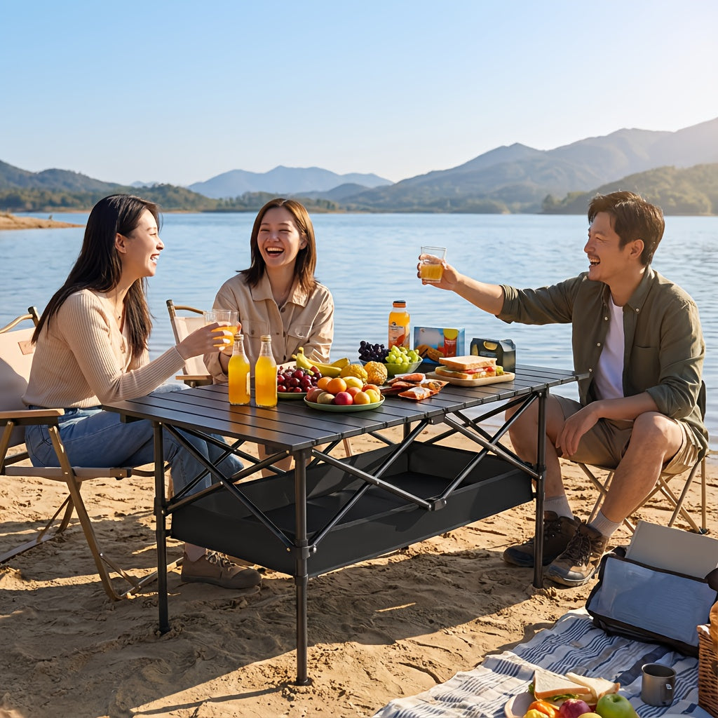 Outdoor Camping Adjustable Folding Table, Portable Ultra-Light Black Egg Roll Table, Available In Two Sizes, X-Shaped Stable Frame with Mesh Storage Pocket, Essential for Picnics, Barbecues, Can Be Used As Holiday Gift, Outdoor Must-Have