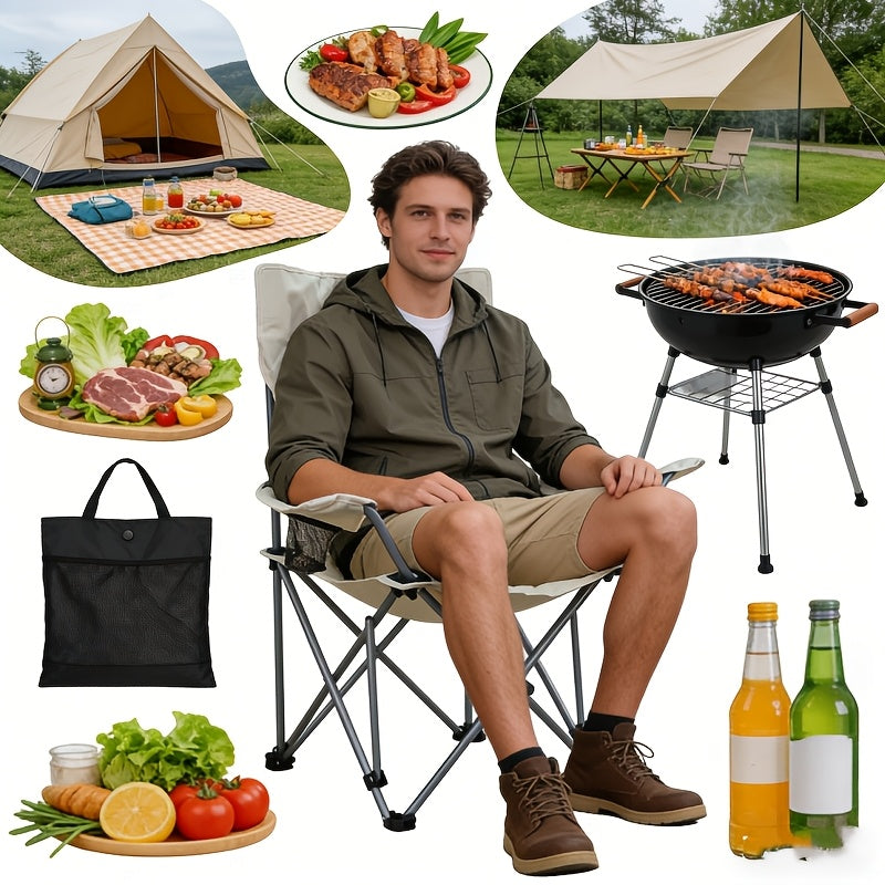 White Portable Outdoor Folding Chair - Essential Fishing Stool with Reinforced Tubing, Non-Slip Feet, Heavy Duty Support, Comfortable for Long Sitting